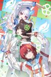  3girls :d ange_katrina animal_ears animal_on_shoulder anniversary arms_up beret bird bird_on_shoulder black_collar blue_eyes blue_hair blue_sleeve_cuffs blunt_bangs braid brown_hair chromatic_aberration collar collarbone commentary_request confetti crossed_bangs dog_ears dog_girl dog_tail fangs floating_headgear green_skirt green_sleeve_cuffs grid_background grin hair_between_eyes hair_intakes hat headgear heterochromia highres hood hoodie inui_toko jacket kamitoge_supino lize_helesta long_bangs long_hair long_sleeves looking_at_viewer matching_outfits miniskirt multicolored_hair multiple_girls nijisanji off_shoulder official_alternate_costume open_mouth pleated_skirt purple_eyes red_eyes red_hair red_sleeve_cuffs sanbaka_(nijisanji) sebastian_piyodore shirt short_hair single_bare_shoulder skirt smile tail thigh_strap thighhighs two-tone_hair virtual_youtuber white_hair white_hat white_hoodie white_jacket white_shirt white_skirt white_thighhighs yellow_bird yellow_eyes 