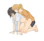 2girls all_fours black_hair black_skirt blonde_hair closed_eyes clothed_female_nude_female fingering fingering_from_behind heart-shift_bracelets highres jacket jiguang_haibao kneeling koishikawa_iko long_hair long_sleeves momijiyama_teru multiple_girls nipples nude open_clothes open_jacket open_mouth ponytail pussy_juice scar_across_eyebrow shirt short_hair shy_(series) sitting sitting_on_lap sitting_on_person skirt white_jacket yellow_eyes yellow_shirt yuri 
