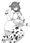  1girl animal_ears animal_print areola_slip areolae ass bell bell_collar blush breasts cleavage collar covered_nipples cow_ears cow_horns cow_print ear_tag greyscale horns houtengeki looking_at_viewer monochrome navel open_mouth original solo thighhighs wristband 