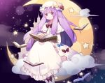  book bow clouds cropped dress fujii_shino hat long_hair mage moon patchouli_knowledge purple_eyes purple_hair sky stars touhou 