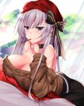  1girl aran_sweater azur_lane bare_shoulders belfast_(azur_lane) belfast_(shopping_with_the_head_maid)_(azur_lane) beret black_skirt blush bow breasts brown_sweater choker closed_mouth dress earrings food hair_ribbon hat highres hoop_earrings jewelry large_breasts long_hair looking_at_viewer off-shoulder_sweater off_shoulder pocky purple_eyes ribbon silver_hair skirt smile solo spring_(season) sweater yan_lie 
