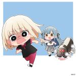  2girls bang_dream! bang_dream!_it's_mygo!!!!! black_ribbon black_shirt black_shoes blonde_hair blue_hair bug chasing commentary english_commentary giant_insect grey_skirt hair_ribbon highres izami_md long_hair medium_hair misumi_uika multiple_girls neck_ribbon open_mouth pants plaid_clothes plaid_skirt pleated_skirt red_pants ribbon running shirt shoes short_sleeves sidelocks skirt socks spoilers tearing_up togawa_sakiko two_side_up white_shirt white_socks yellow_eyes 