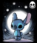  alien black_eyes blue_body blue_claws blue_fur blue_nose bone claws disney experiment_(lilo_and_stitch) full_moon fur lilo_and_stitch male_(lore) moon night no_sclera purple_inner_ear signature skull solo stitch_(lilo_and_stitch) toe_claws xmorfina 