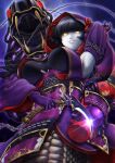  1girl armpits black_hair blunt_bangs breasts chain detached_sleeves duel_monster from_below gloves glowing glowing_eyes grin highres hime_cut holding_sickle impossible_clothes japanese_clothes kimono lamia large_breasts looking_at_viewer monster_girl pale_skin parasite_oyatsu purple_gloves purple_hood purple_kimono ragnaraika_chain_coils smile solo yellow_eyes yu-gi-oh! 