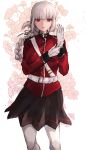  1girl absurdres adjusting_clothes adjusting_gloves aka_ive braid fate/grand_order fate_(series) floral_background florence_nightingale_(fate/grand_order) gloves highres pantyhose pink_hair pleated_skirt red_eyes skirt white_gloves white_legwear 