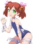  1girl bandages bandaid bandaid_on_face between_legs blue_swimsuit brown_hair claw_pose commentary_request flat_chest green_eyes hair_ornament halloween hand_between_legs highres jack-o&#039;-lantern leaning_forward long_hair one-piece_swimsuit open_mouth ribbon saru_getchu sayaka_(saru_getchu) school_swimsuit simple_background smile solo swimsuit thighs white_background wolfdale 