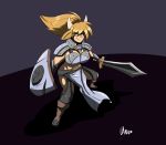  amhidden angry anthro armor big_breasts blonde_hair boots bovid bovine breastplate breasts cattle clothed clothing female fighting_pose footwear gloves green_eyes hair handwear hi_res horn loincloth long_hair mammal melee_weapon narrowed_eyes ponytail pose shield solo standing sword tan_body weapon 