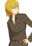  1boy blonde_hair brown_shirt clenched_teeth collarbone collared_shirt commentary grey_eyes hair_between_eyes hand_on_own_hip jack-barro kakine_teitoku long_bangs long_sleeves male_focus medium_hair parted_lips polka_dot polka_dot_shirt shirt simple_background solo teeth toaru_majutsu_no_index upper_body white_background 