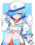  1girl absurdres bare_shoulders black_shorts blue_background blue_hair blue_socks blush border chibi clipboard closed_mouth commentary_request commission cross-shaped_pupils cross_hair_ornament feet_out_of_frame grid_background hair_ornament hand_up hat highres holding holding_clipboard indie_virtual_youtuber jewelry kneehighs knees_up long_sleeves looking_at_viewer necklace noa_noelle off-shoulder_sweater off_shoulder outline outside_border pointy_ears short_hair shorts sitting skeb_commission sleeves_past_fingers sleeves_past_wrists smile socks sweater symbol-shaped_pupils v virtual_youtuber white_border white_hat white_outline white_sweater white_wings wings yellow_eyes you_(noanoamoemoe) 