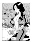  1boy 2girls alternate_costume android_18 bald biker_clothes bikesuit blush bodysuit breasts cleavage collarbone confetti crowd dragon_ball dragon_ball_z earrings gloves helmet highres jewelry large_breasts long_hair looking_at_viewer monochrome motor_vehicle motorcycle multiple_girls navel racing short_hair sunglasses sweat twintails unzipped vegeta videl widow&#039;s_peak yuichi_ishikawa 