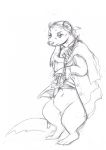  anthro bandanna black_and_white bottomless claws clothed clothing coat ear_piercing female hi_res looking_at_viewer mammal melee_weapon monochrome mustela mustelid musteline oddwilds piercing ring sketch solo stoat sword topwear weapon 