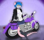 american_opossum anthro belly belt blue_hair bottomwear breasts clothed clothing collar deerwalker engine fangs female flat_colors hair hi_res inner_ear_fluff jacket leather leather_clothing leather_jacket leather_topwear line_art long_tail looking_at_viewer mammal marsupial messy_hair midriff motorcycle navel nipples one_eye_closed pinup pose purple_eyes shorts simple_background smile smiling_at_viewer solo spiked_collar spikes tail teeth tongue tongue_out topless topwear tuft vehicle whiskers wink winking_at_viewer