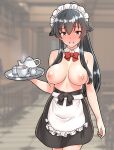  1girl absurdres apron black_hair black_skirt blush bow bowtie breasts commentary_request cup detached_collar embarrassed full-face_blush furaggu_(frag_0416) hair_flaps highres holding holding_tray kantai_collection large_breasts long_hair long_sidelocks maid maid_apron maid_headdress nipples ponytail red_bow red_bowtie sidelocks skirt solo teacup teapot tray variant_set waist_apron yahagi_(kancolle) 