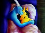  absurd_res albion ambiguous_gender anthro bedding blanket blue_body blue_skin dragon duo embracing furniture hi_res hug kobold scalie sofa tanukii9 tidko western_dragon yellow_body yellow_skin 