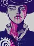  1boy absurdres afro blood blood_on_clothes blood_on_face blue_hair blue_shirt blue_theme grey_background high_collar highres jojo_no_kimyou_na_bouken jojolion monochrome multicolored_hair portrait rrrrmiuh shirt solo sun_print tooru_(jojolion) 