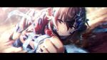  1girl bandages blurry blurry_background blush brown_eyes brown_hair crack crystal dying eyebrows_visible_through_hair guilty_crown hair_between_eyes liebe light_rays long_hair looking_at_viewer on_floor smile solo 
