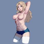  1girl abs areolae arm_behind_head blonde_hair blue_eyes breasts cropped_legs cutoffs denim denim_shorts girls_und_panzer grey_background groin_tendon highres kay_(girls_und_panzer) large_breasts long_hair navel nipples onsen_tamago_(hs_egg) raised_eyebrows shorts solo thighhighs thighs white_legwear 