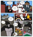 abs aiming_gun aiming_weapon alarmed anthro ape biceps black_body black_fur blue_clothing blue_footwear blue_necktie blue_shoes blue_sneakers bodily_fluids bottomwear brown_eyes butt canid canine canis car challenge chasing clothing comic crossover dialogue domestic_dog english_text footwear footwear_only fur gorilla grey_bottomwear grey_clothing grey_hat grey_headwear grey_pants grey_suit group gun handgun haplorhine hat hazing headgear headwear hi_res holding_gun holding_handgun holding_object holding_pistol holding_ranged_weapon holding_weapon humiliation illumination_entertainment johnny_(sing) lagomorph leporid male mammal manly max_(sam_and_max) mostly_nude muscular muscular_anthro muscular_male necktie nude nude_anthro nude_male pants pecs pistol police police_brutality police_car police_officer police_vehicle primate profanity public public_humiliation public_nudity rabbit ranged_weapon sam_and_max samuel_dog scared scared_expression scared_face shoes shoes_only shooting_gun shooting_weapon sidewalk sing_(movie) skateboard skateboarder skateboarding socks socks_only speech_bubble street suit sweat sweatdrop sweaty_body sweaty_face text thick_arms thosekidsnextdoor101 thought_bubble trio vehicle weapon yelling