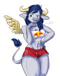  anthro archive_dump art_dump bluebun bottomwear bovid bovine cattle clothing hi_res mammal musclegirl muscular old_art quads red_bull shorts smug wings 