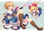  1girl absurdres alice_margatroid ascot blonde_hair blue_background blue_dress blue_eyes boots breasts brown_boots brown_corset capelet closed_mouth corset crease dress floral_background frilled_capelet frilled_hairband frills full_body hairband highres jewelry knee_boots lace-up_boots looking_at_viewer masaru.jp medium_breasts pink_ascot pink_hairband puffy_short_sleeves puffy_sleeves puppet_rings puppet_strings ring scan shanghai_doll short_hair short_sleeves smile solo third-party_source touhou white_capelet 