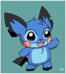 2014 alien ambiguous_gender baby_pok&eacute;mon black_hair blue_background blue_body blue_fur blue_nose border brown_eyes cute_fangs disney experiment_(lilo_and_stitch) eyebrows fangs fur hair lilo_and_stitch nintendo notched_ear open_mouth pichu pichu90 pink_cheeks pink_tongue pok&eacute;mon pok&eacute;mon_(species) signature simple_background solo stitch_(lilo_and_stitch) toes tongue video_games white_border 