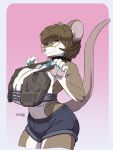 2025 3:4 anthro big_breasts blue_eyes border bottomwear breasts brown_hair clothed clothing collar demon eyewear female fur glasses gradient_background hair hi_res horn humor hybrid inner_ear_fluff kencougr mammal mouse multicolored_body multicolored_fur murid murine painted_claws pink_nose portrait pun rodent shirt shorts simple_background smile tank_top three-quarter_portrait topwear tuft two_tone_body two_tone_fur visual_pun white_border