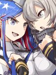  2girls black_neckerchief blue_hair blue_necktie boushi-ya breasts clothes_grab collar collared_shirt dress_shirt eye_contact grey_eyes grey_hair headgear kantai_collection large_breasts long_hair looking_at_another metal_collar multicolored_hair multiple_girls neckerchief necktie necktie_grab neckwear_grab red_hair shirt south_dakota_(kancolle) star_(symbol) upper_body washington_(kancolle) white_hair white_shirt 