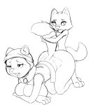  anthro ass_up breasts canid canine canis clothing collar diacordst duo everest_(paw_patrol) female female/female from_behind_position fur husk mammal monochrome paw_patrol sex sketch tongue tongue_out wolf 