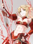  1girl abs absurdres armor bandeau bare_shoulders blonde_hair braid breasts clarent_(fate) detached_collar detached_sleeves fate/apocrypha fate/grand_order fate_(series) faulds green_eyes grin highres long_hair looking_at_viewer mordred_(fate) mordred_(fate/apocrypha) navel parted_bangs ponytail shanaoh sidelocks small_breasts smile solo sword toned weapon 