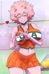  &lt;3 2:3 ashido_mina big_breasts blush breasts cheerleader eyes_closed female gesture hair hand_heart humanoid krabby_(artist) mammal my_hero_academia nipple_outline not_furry pink_body pink_hair pink_skin solo 