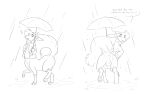 2025 absurd_res animal_genitalia anus balls butt citra citra_taur claws clothing digital_media_(artwork) digitigrade english_text fully_sheathed genitals halbean hi_res holding_object holding_umbrella jacket male male_taur mammal mammal_taur outside pawpads paws quadruped raining sheath solo taur text toe_claws topwear twerp_(halbean) umbrella
