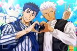  2boys akujiki59 alternate_costume amusement_park archer baggy_clothes balloon blue_hair blue_scarf brown_eyes camera castle collared_shirt couple cu_chulainn_(fate)_(all) cu_chulainn_(fate/grand_order) dark_skin dark_skinned_male earrings fate/grand_order fate/stay_night fate_(series) heart heart_hands heart_hands_duo hood hood_down hoodie jewelry lancer long_hair long_sleeves looking_at_viewer looking_to_the_side male_focus multiple_boys ponytail red_eyes scarf shirt sleeveless sleeveless_hoodie smile spiked_hair sweater upper_body white_hair white_sweater yaoi 