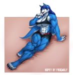  abs anthro big_muscles blue_body blue_hair bottomwear breasts canid canine canis cleavage clothed clothing digital_drawing_(artwork) digital_media_(artwork) faogwolf female hair hopey looking_at_viewer mammal midriff muscular muscular_female open_mouth paws pinup pose reclining simple_background solo tight_clothing topwear wolf 