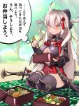  1girl ahoge arm_guards blanket bow breasts chopsticks cleavage_cutout dark_skin fate/grand_order fate_(series) food furoshiki hair_bow high_collar highres holding holding_chopsticks koha-ace large_breasts long_hair lunchbox obentou okita_souji_(alter)_(fate) okita_souji_(fate)_(all) omelet outdoors picnic rice seiza sitting solo sow_mhxx tako-san_wiener tamagoyaki tassel thermos tied_hair white_hair yellow_eyes 