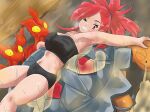 1girl armpits breasts commentary_request dutch_angle flannery_(pokemon) gaoren7 grin hair_tie hot large_breasts long_hair looking_at_viewer lying navel on_back one_eye_closed pokemon pokemon_(creature) ponytail red_eyes red_hair sauna slugma smile solo sportswear steam stomach sweat swept_bangs thighs torkoal 