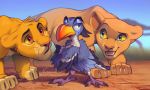  4_toes 5:3 avian bird blue_body blue_eyes blue_feathers brown_body brown_eyes brown_fur bucerotiform day detailed_background disney feathered_wings feathers felid female fur green_eyes hornbill kyander lion male mammal nala open_mouth orange_body orange_fur outside pantherine red-billed_hornbill simba sky teeth the_lion_king toes tongue wings young zazu 