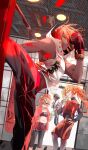  1girl 3boys ahoge animal animal_ears animal_on_head arjuna_(fate) arjuna_alter_(fate) arjuna_alter_(red_box)_(fate) ashwatthama_(fate) ashwatthama_(red_box)_(fate) bandeau bare_arms bare_shoulders belly black_gloves black_hair black_leggings black_pants black_pantyhose black_shirt blue_shirt bottle bow boxing_gloves breasts brown_hair cat_boy cat_ears closed_mouth commentary contrapposto dark-skinned_male dark_skin drawstring dutch_angle fate/grand_order fate_(series) ganesha_(fate) ganesha_(red_box)_(fate) gloves hair_between_eyes hair_bow hair_bun hamster hand_on_own_hip high_kick holding holding_bottle hood hood_down hooded_jacket hoodie indoors jacket kicking layered_sleeves leggings long_hair long_sleeves looking_to_the_side male_focus medium_breasts medium_hair midriff midriff_peek multiple_boys navel no_shirt official_art on_head open_clothes open_jacket open_mouth orange_hair pants pantyhose pantyhose_under_shorts pink_jacket plump ponytail punching_bag rama_(fate) rama_(red_box)_(fate) red_bandeau red_bow red_hair red_shirt red_shorts red_theme sakuramochi1003 shirt short_hair short_over_long_sleeves short_shorts short_sleeves shorts sidelocks single_side_bun sleeveless sleeveless_hoodie smile solo_focus sportswear standing third-party_source towel towel_around_neck turtleneck water_bottle white_hoodie workout_clothes yellow_eyes 