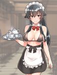  1girl absurdres apron bikini bikini_top_only black_bikini black_hair black_skirt bow bowtie breasts closed_mouth commentary_request cup detached_collar furaggu_(frag_0416) hair_flaps highres holding holding_tray kantai_collection large_breasts long_hair long_sidelocks maid maid_apron maid_headdress ponytail red_bow red_bowtie sidelocks skirt smile solo swimsuit teacup teapot tray variant_set waist_apron yahagi_(kancolle) 