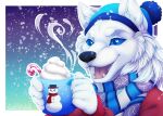 2022 5_fingers anthro artist_name beanie beverage black_nose blue_beanie blue_clothing blue_eyes blue_hat blue_headwear blue_pupils blue_scarf blue_sclera bust_portrait candy candy_cane canid canine canis cheek_tuft chocolate clothed clothed_anthro clothed_male clothing colored container cup dairy_products dessert digital_drawing_(artwork) digital_media_(artwork) english_description facial_tuft fangs fingers food fur furrowed_brow gradient_background hat headgear headwear hi_res holding_beverage holding_container holding_cup holding_mug holding_object hot_chocolate kal-daka kuddlykodiak light lighting male male_anthro mammal mug open_mouth open_smile outline pink_tongue portrait pupils red_clothing red_sweater red_topwear scarf shaded simple_background smile snow snowing solo steam sweater teeth text tongue topwear tuft whipped_cream white_body white_fur white_outline winter wolf