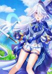  1girl :o ahoge ascot asymmetrical_gloves bare_legs black_gloves blue_ascot blue_brooch blue_eyes blue_gemstone blue_hat blue_jacket blue_sky blush cloud cloudy_sky eyelash_ornament furina_(genshin_impact) gem genshin_impact gloves grass hat heterochromia highres hydro_symbol_(genshin_impact) jacket jewelry long_hair mismatched_gloves multicolored_hair open_mouth shirt shorts sky solo standing streaked_hair sword thigh_strap twitter_username vision_(genshin_impact) watatai weapon white_gloves white_hair white_shirt white_shorts 