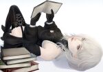  10h_(nier_reincarnation) 1girl aegyo_sal black_dress black_gloves black_thighhighs blue_eyes book book_stack breasts commentary dress english_commentary garter_straps gloves high_heels holding holding_book large_breasts looking_at_viewer medium_hair mitsuki_nite nier_(series) nier_reincarnation open_book pink_lips simple_background smile solo thighhighs white_background white_hair 