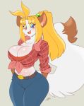  aged_up anthro belt big_breasts blonde_hair blush blush_stickers bottomwear breasts chalo cleavage clothed clothing dipstick_tail domestic_cat felid feline felis female hair huge_breasts jeans las_lindas looking_at_viewer mammal midriff multicolored_tail pants ponytail sarah_silkie shirt solo thick_thighs tied_shirt topwear webcomic wide_hips 