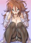  1girl amania_orz android_21 blue_eyes breasts brown_hair cleavage dragon_ball dragon_ball_fighterz dragon_ball_z dress_shirt earrings formal highres jewelry large_breasts open_clothes open_mouth open_shirt panties pantyhose pantyshot purple_background semi-rimless_eyewear shirt thighs tongue unbuttoned under-rim_eyewear underwear white_shirt 