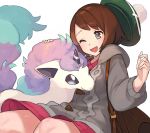  1girl ;d bag bangs bob_cut brown_bag brown_hair cardigan chorefuji collared_dress commentary_request dress eyebrows_visible_through_hair eyelashes galarian_form galarian_ponyta gen_8_pokemon green_headwear grey_cardigan happy knees long_sleeves one_eye_closed open_mouth petting pink_dress pokemon pokemon_(creature) pokemon_(game) pokemon_swsh short_hair smile tam_o&#039;_shanter tongue white_background yuuri_(pokemon) 