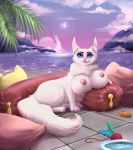  2020 4_toes big_breasts blue_eyes breasts busty_feral claws day detailed_background digital_media_(artwork) domestic_cat eyebrows eyelashes felid feline felis female feral fur mammal nipples outside p-v-s paws pink_nose sky smile solo toes white_body white_fur 