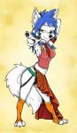  anthro arctic_vixen bad_guy_cafe blue_hairs breasts brown_eyes canid canine dancing female fox fur heterochromia hi_res mammal mia_(smneff) necktie solo white_body white_fur yellow_eyes ziegelzeig 