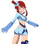  1girl ass blue_eyes breasts fuuro_(pokemon) gloves gym_leader hair_ornament long_hair looking_at_viewer midriff open_mouth pokemon pokemon_(game) pokemon_bw red_hair ribonzu shorts sideboob sidelocks simple_background smile solo white_background 