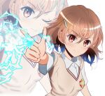  1girl ;) breasts brown_eyes brown_hair brown_sweater_vest collared_shirt commentary_request electricity electrokinesis hair_between_eyes highres kumaisao medium_hair misaka_mikoto one_eye_closed outstretched_arm school_emblem school_uniform shirt short_sleeves small_breasts smile summer_uniform sweater_vest toaru_kagaku_no_railgun toaru_majutsu_no_index tokiwadai_school_uniform v-neck white_background white_shirt zoom_layer 