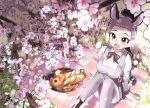  animal_ears bagel basket black_hair blush bow bowtie bread brown_bow brown_bowtie brown_eyes cherry_blossoms collared_shirt donkey_(kemono_friends) donkey_ears donkey_girl donkey_tail dress food from_above gradient_clothes gradient_shirt grey_dress grey_hair grey_pantyhose grey_shirt highres kemono_friends long_sleeves multicolored_hair negi_e_mon open_mouth pantyhose picnic picnic_basket picnic_blanket ponytail puffy_sleeves shirt sidelocks sitting smile white_hair white_shirt 
