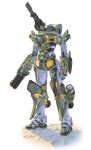  absurdres arm_cannon armor bazooka_(gundam) full_body green_armor gundam gundam_gquuuuuux gundam_msv heavy_full_armor_gundam highres mecha mecha_focus no_humans parody purple_eyes redesign robot shoulder_cannon solo standing style_parody thrusters user_metw4778 v-fin weapon 